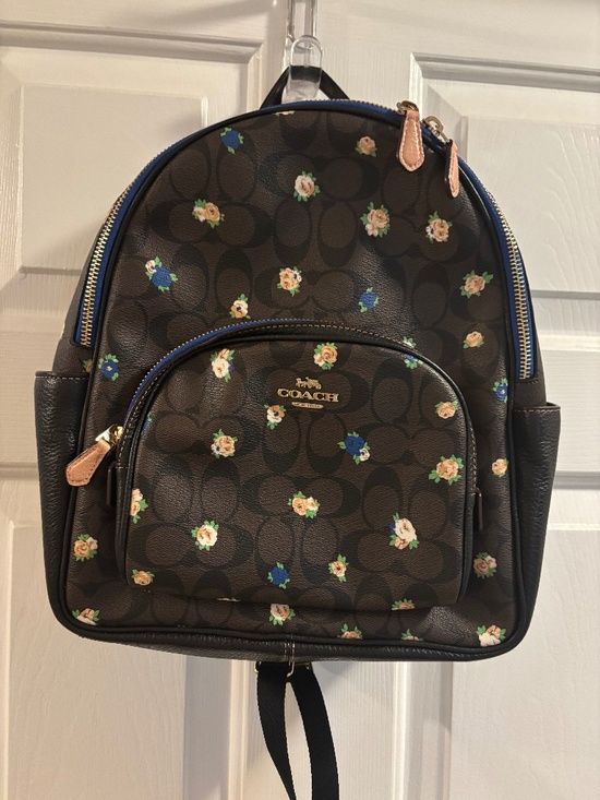 Coach Court Bookbag Brown w/Flowers & Side Pockets